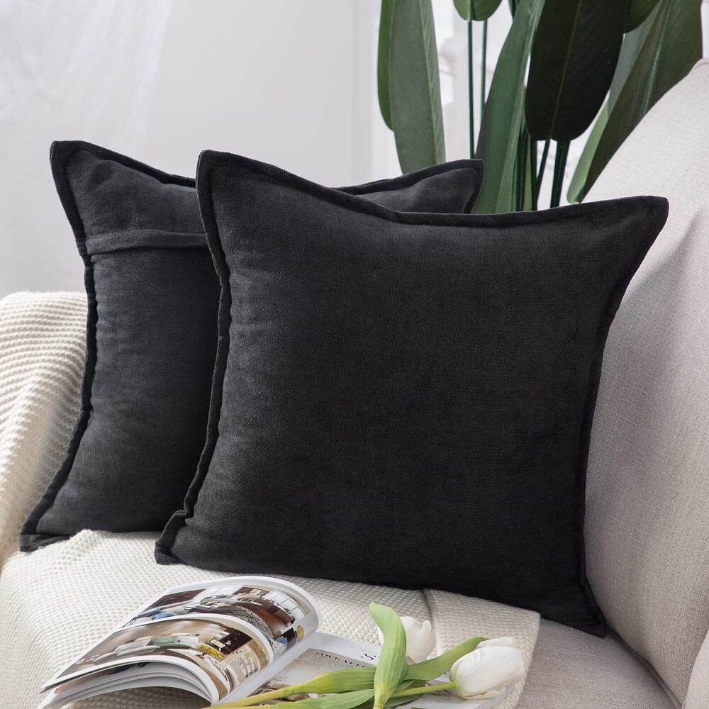 7184 Set of 2 Short Chenille Throw Pillow Covers 16x16 Inch Black Soft